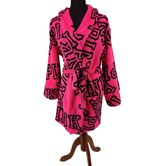 Victoria Secret Other - Victoria Secret Pink Size M Hot Pink Logo in Black Fleece Bathrobe with Belt